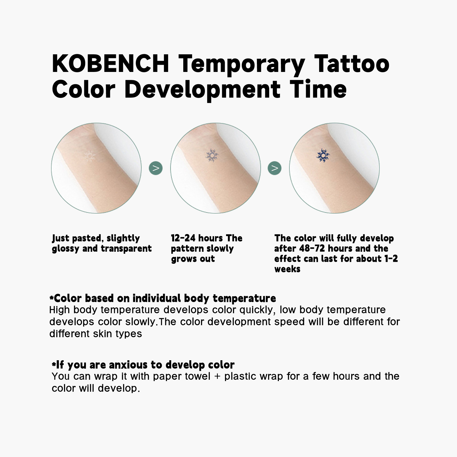 Kobench temporary tattoo color development time gray background