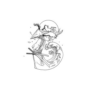 Japanese Samurai Red-Crowned Crane Waves