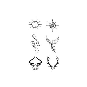 Bull Head, Deer Horns, Phoenix, Goldfish, Compass