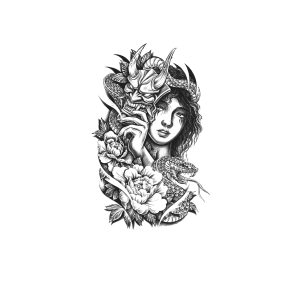 Woman Holding Ghost Mask And Flower Snake